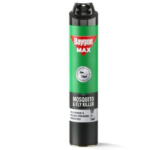 Baygon Max Mosquito and Fly Killer Spray, 625ml | Instant Mosquito Killer | Kills Dengue & Malaria Spreading Mosquitoes | With Double Nozzle Technology for 30% Wider Coverage