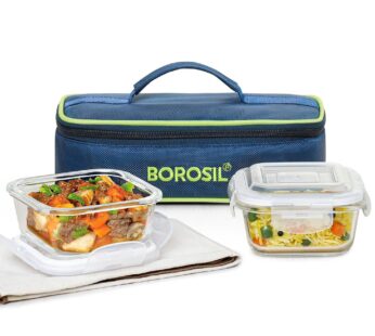 Borosil Klip n Store Lunchbox with Bag | Set of 2 (320ml Each), Square | Borosilicate Glass, Horizontal | Microwave & Dishwasher Safe, Leakproof | Tiffin for Office/School/College | Blue, Transparent