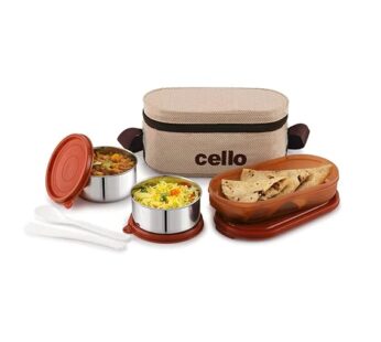 CELLO Bite Buddy Lunch Box with Jacket | 3 Plastic Containers with Steel Inner | Microwave Safe & Leak Proof Containers | Full Meal and Easy to Carry