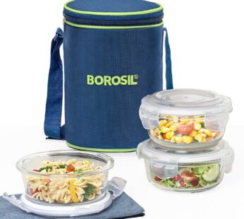 Borosil Klip n Store Lunchbox with Bag | Set of 3 (400 ml Each) | Borosilicate Glass, Round, Vertical | Microwave & Dishwasher Safe, Leak Proof | Tiffin for Office, School, College | Blue