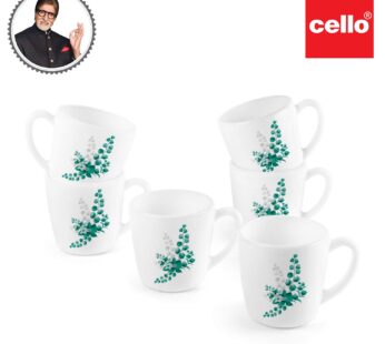 CELLO Ricca Mug 6 Pcs Set | Cups for Tea,Coffee,Espressoc| Thermal Resistant | Light Weight | Ideal Gifting Option | Aqua Leaves | 100ml