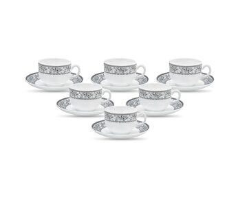 LaOpala Diva, Sovrana Collection, Opal Glass Cup & Saucer Set 12 pcs, Persian Grey, White