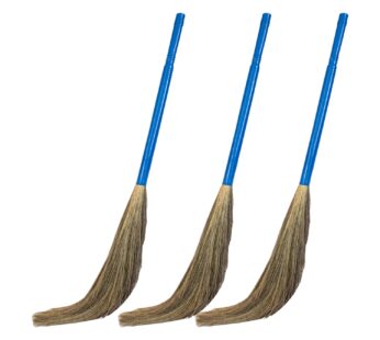 CNC ECO Grass Broom Floor Jhadu for Home Office Cleaning with Long Stick Natural Soft Broomstick Grass Phool Jhadu Traditional Sustainable Cleaning Handmade Multi use (Pack of3) (Eco Grass Blue Broom)