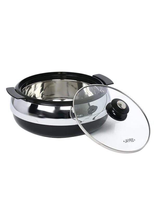 Jaypee Glasserol Serving Casserole Set of 3 Inner Stainless Steel Toughened Glass Lid PUF Insulated Hot Box |Roti Box| Easy to carry | Food Grade | Stackable | 800,1200,1700 ml, Black - Image 2