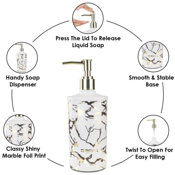 Nayasa Stylo Soap Dispenser , Classy Marble Finish Foil Print Liquid Soap Dispenser with Pump, Can Be Used for Handwash, Lotion, Sanitizer, Shampoo, for Home & Kitchen, Gold - Image 4