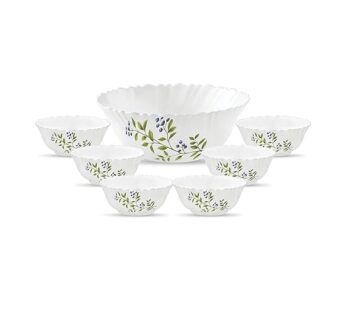 La Opala Novo Collection Opal Glass Crockery | Gift Set of 7 | Pudding Set 7 pcs Lush Greens | Bowls for Desserts & Gifting | Microwave Safe | 100% Vegetarian | Extra Strong | Light & White