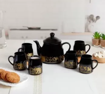 ROXX Pack of 7 Ceramic candy Morning Tea/Coffee 6 mug(180ml) & 1 Tea Pot(600ml)  (Black, Gold, Cup Set)