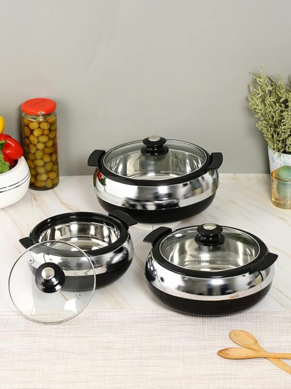 Jaypee Glasserol Serving Casserole Set of 3 Inner Stainless Steel Toughened Glass Lid PUF Insulated Hot Box |Roti Box| Easy to carry | Food Grade | Stackable | 800,1200,1700 ml, Black